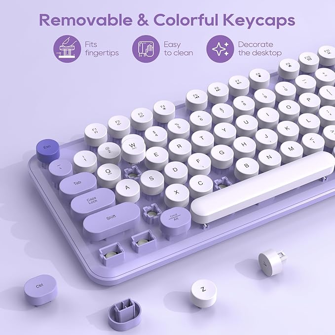Wireless Keyboard and Mouse Combo, Cute Round Keycaps, Full-Size Retro Typewriter Keyboard with Detachable Wrist Rest, 2.4GHz Cordless Connection for Mac/Windows/PC/Laptop (Purple-Colorful)