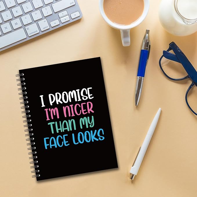 YAZMEEN Funny Saying Blank Spiral Notebook(160 Pages) I Promise I'm Nicer Than My Face Looks Hardcover Sketchbook Office Journal Gift Funny Gag Gift Notebook for Women Men Employee Colleague Friend