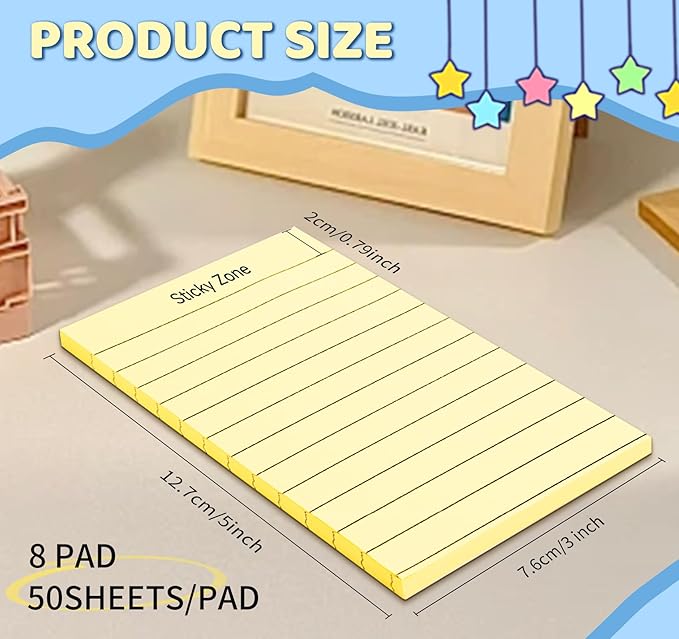 Lined Sticky Notes 3x5 Inch, 8 Sticky Note Pads (400 Sheets),Post Stickies Yellow Large Sticky Notes, Easy-Peel Adhesive, for Reminders, Lists, Planning, Office, School, and Home Organization