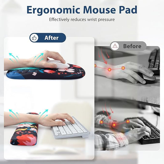 3 in 1 Ergonomic Mouse Pad and Keyboard Wrist Rest, Cute Mouse Pad with Wrist Support Massage Design, Non-Slip Wrist Pad for Mouse, Desk Mouse Set(Flower)