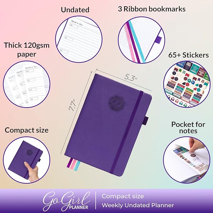 GoGirl Planner and Organizer for Women – Compact Size Weekly Planner, Goals Journal & Agenda to Improve Time Management, Productivity & Live Happier. Undated – Start Anytime, Lasts 1 Year – Purple