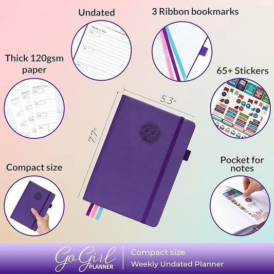 GoGirl Planner and Organizer for Women – Compact Size Weekly Planner, Goals Journal & Agenda to Improve Time Management, Productivity & Live Happier. Undated – Start Anytime, Lasts 1 Year – Purple