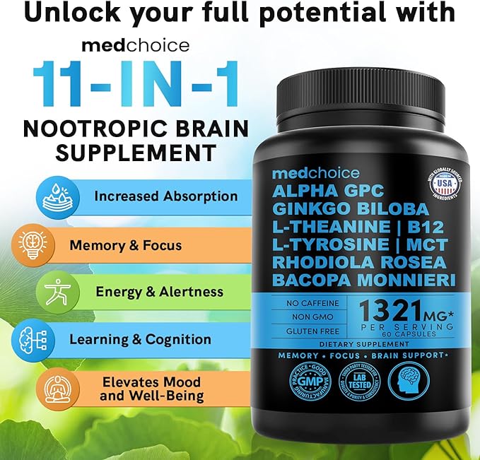 12-in-1 Nootropic Ginkgo Biloba for Brain Support, Memory and Focus - B12, Alpha GPC, L Theanine and Choline Supplements with Bioperine Non Caffeinated 1321mg (60ct)