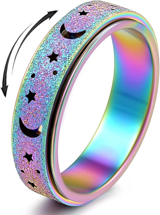 Anxiety Ring for Women Spinner Ring Fidget Ring Fidget Toys Adults Spinner Rings for Anxiety Fidget Rings for Women Fidget Ring Moon Star Rainbow 8