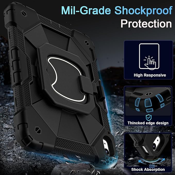 Case for iPad (A16) 11th/10th Generation 2025/2022,360° Rotating Stand iPad Case 10th Generation with Screen Protector Pencil Holder,Heavy Duty Shockproof i Pad 11.0/10.9 Inch Cover,Black