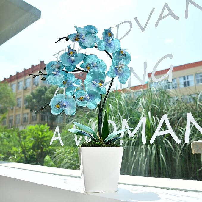 15 Inches Tall Artificial Silk Phalaenopsis Orchid Flower Plant Pot Teal Arrangements (Golden Blue)