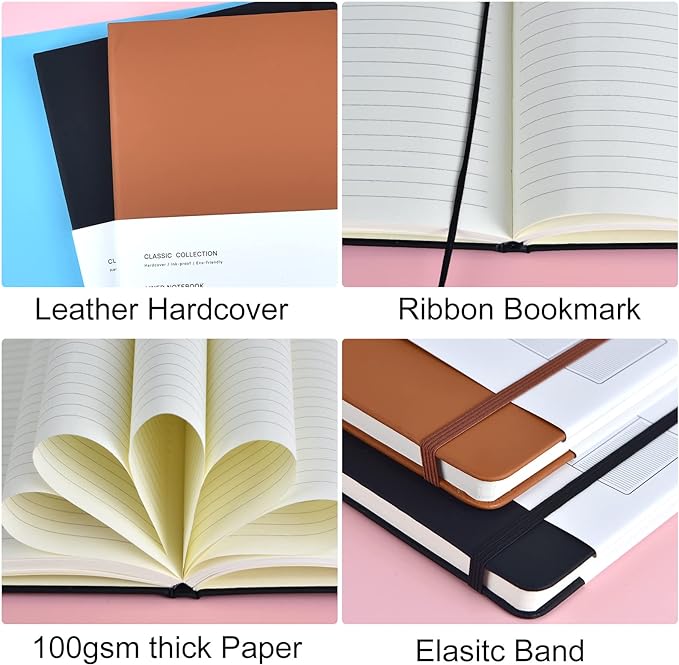 2 Pack B5 Journal Notebooks Classic College Ruled Notebooks Hardcover Lined Journals for Office Home School Business Writing Note Taking, 10.2 x 7.5 inch, 100GSM Thick Paper, 160 Pages (Black/Brown)