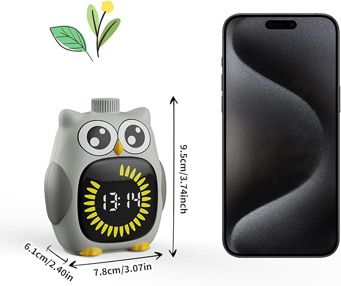Grey Big-Eyed Owl Visual Timer for Kids,Classroom Timer, Time Out Timer,Up to 99Minutes Small Visual Timer,for Yoga,for Kitchen