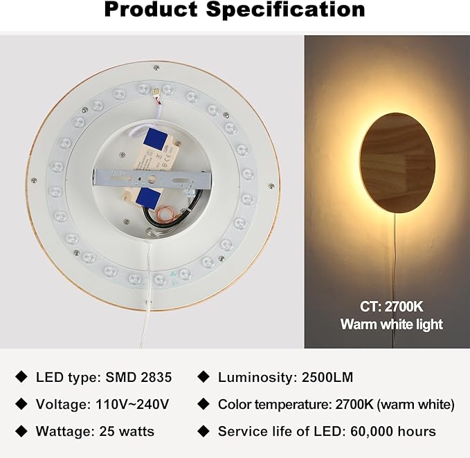 Modern Minimalist Plug in Wall Sconces, Plug-in Or Cordless 11.8'' Round Wood Backlight LED Wall Lamp, 25W, 2500LM Warm White Brightness Wall Light Fixtures for Bedroom, Living Room Wall Décor