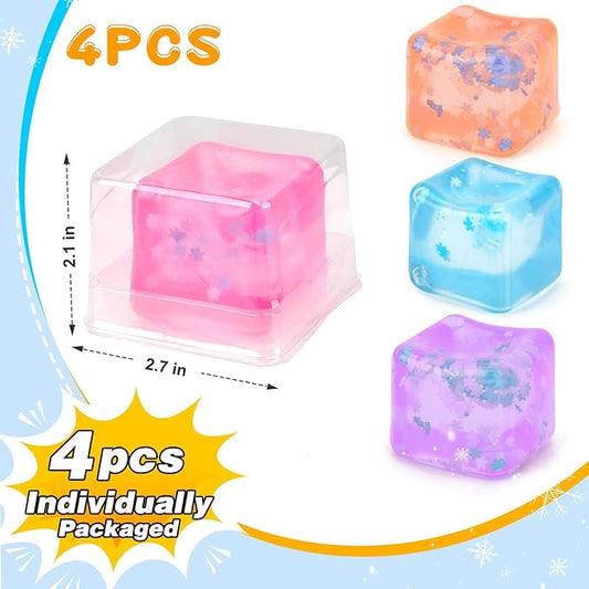 Ice Cube Fidget Toy for All Ages: 4 Pack Soft Cubes Sensory Fidget Ice Cube Stress Ball Squishy Cube Stress Relief Toys for Kids, Teens and Adults Party Favors, Birthday Gift for Kids Age 3+