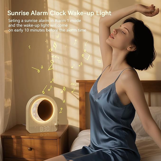 Sunrise Alarm Clocks for Bedrooms, Stepless Dimmable Moon Lamp Dual Alarm Clock Wake Up Light with 12Levels Volume for Heavy Sleepers, 10 Natural Sounds with 30/60/90min Timer Night Light