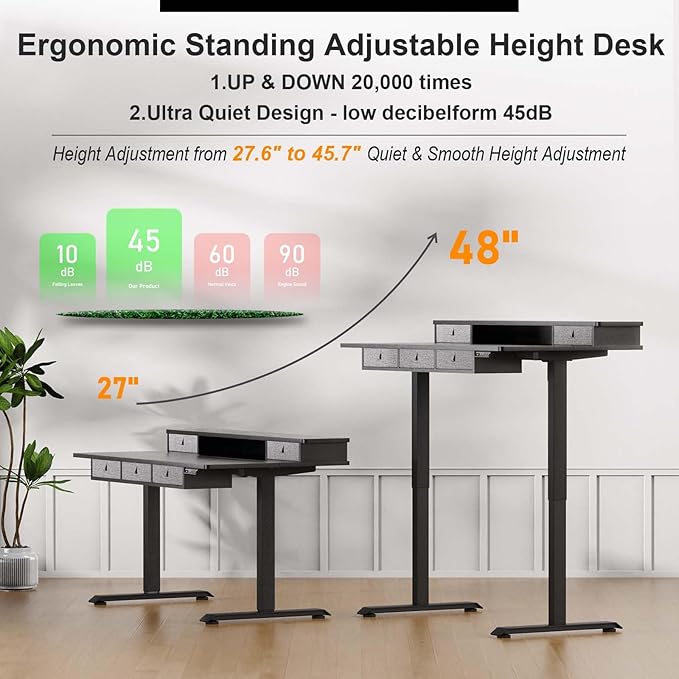 XINYAO Electric Standing Desk with 5 Drawers, 55x30 Inch Extra Wide Height Adjustable Sit Stand Up Desk with Storage Support 290lbs Ergonomic Rising Table with Wheels for Home Office