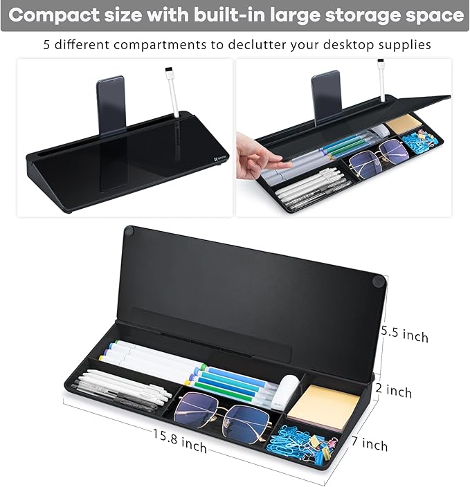 Varhomax Desktop Whiteboard with Storage, Desk Organizer Dry Erase Glass White Board to-do List Memo Notepad for Home Office and School Supplies (Black)