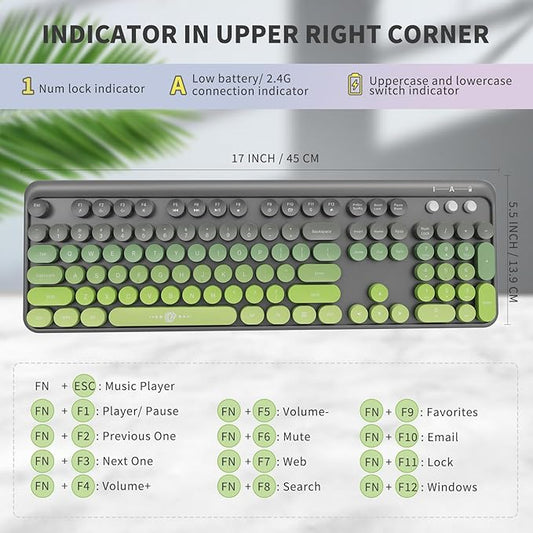 FOPETT Wireless Keyboard and Mouse Combo, 104 Keys Full-Sized 2.4 GHz Round Keycap Colorful Keyboards, USB Receiver Plug and Play, for Windows, Mac, PC, Laptop, Desktop (GreyGreen)
