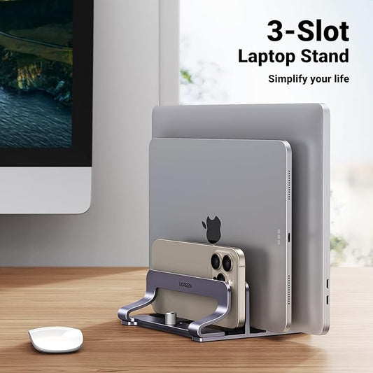 UGREEN 3-Slot Vertical Laptop Stand Holder Desk Compatible with MacBook Pro Air Laptop Stand Desktop Adjustable, Lenovo Ideapad, Surface Book, HP Notebook, Dell Chromebook Up to 17.3 Inch, Space Gray