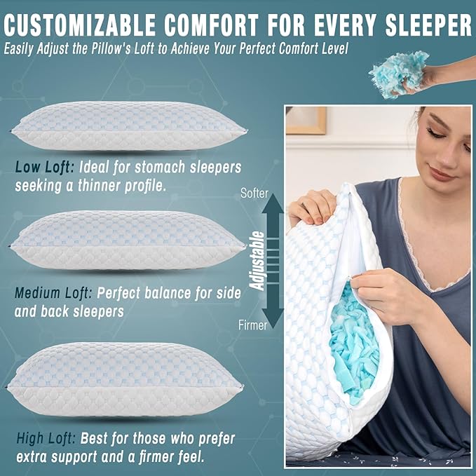 alkamto Cooling Shredded Memory Foam Pillow – Adjustable Gel for Personalized Support – Double-Sided Ice Silk & Soft Rayon – Lightweight, Compressible (White) (Standard)