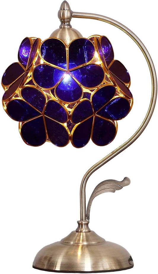 Bieye L10750 Tiffany Style Stained Glass Flower Petal Table Lamp with Brass Base for Home Décor (Blue, 8" Cherry Blossom)