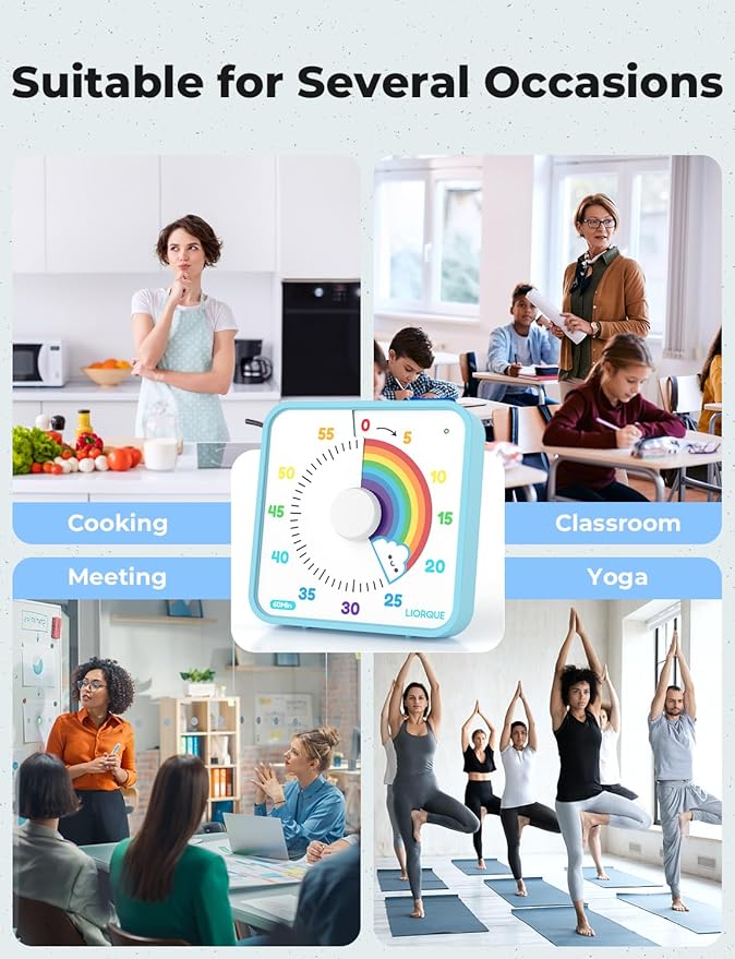 LIORQUE 60 Minute Visual Timer for Kids and Adults, Non-Ticking 7.5 Inch Large Visual Countdown Timers for Classroom Desk Countdown Clock with Magnetic Backing, Kids Pomodoro Timer Clock