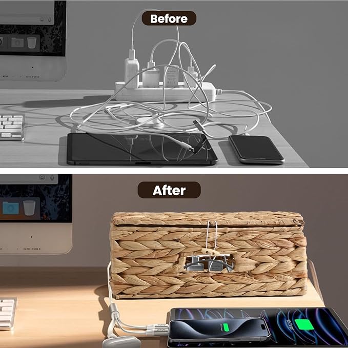 2 Pack Cable Management Box with Lid, Handwoven Water Hyacinth Cord Organizer, 4 Side Open Slots Cable Hider for Power Strips, Cords & Wires, Desk/Floor/Office Storage Box to Hide Electronics Clutter