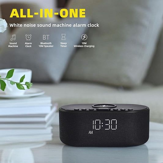 Sound Machine Alarm Clock for Bedrooms: Bluetooth 10W Stereo Sound Speaker with Wireless Charging - White Noise Machine for Sleeping with 21 Soothing Sounds - Black