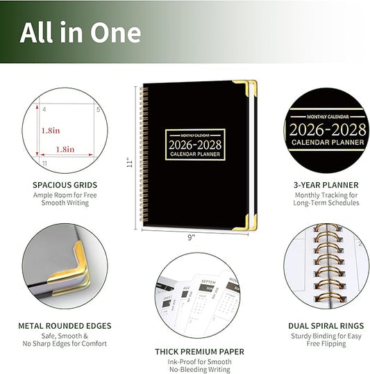 Monthly Planner 2026-2028 Hardcover with Metal Corner 3 Year Calendar 2026-2027-2028 Monthly Calendar Planner 36 Months from Jan 2026-Dec 2028,Large Size 8.5 x 11 Gradient Black for School, Office, Home Planning
