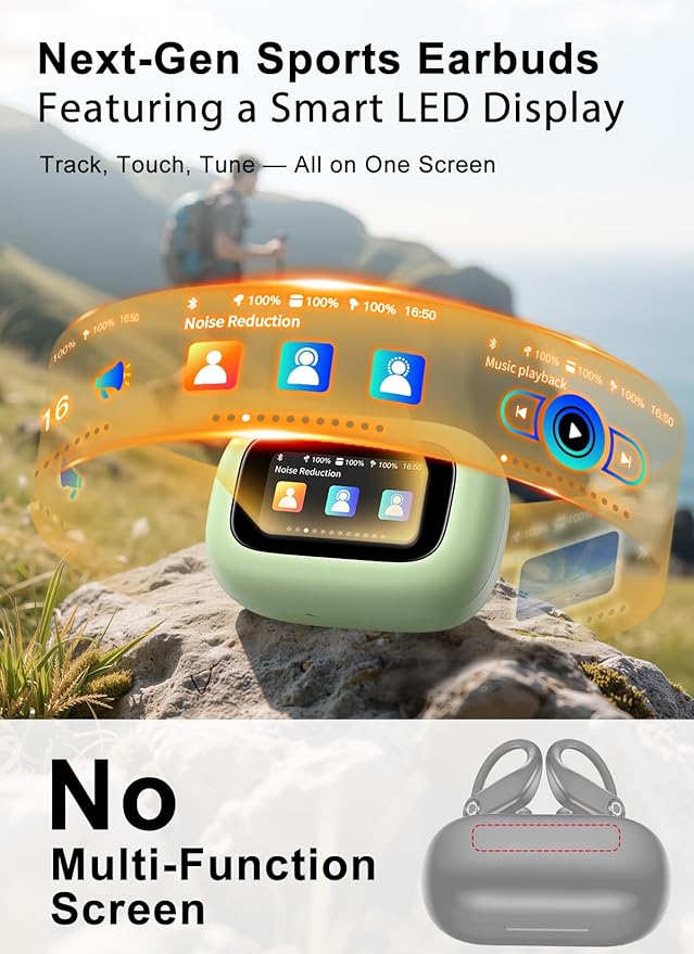 Wireless Earbuds, ENC Noise Cancelling Sport Ear Buds with Multifunctional Touch Screen, Bluetooth 5.4 Headphones, Bass Stereo Sound, 5 EQ Over-Ear Earbuds for Sports/Workout/Gym-Green