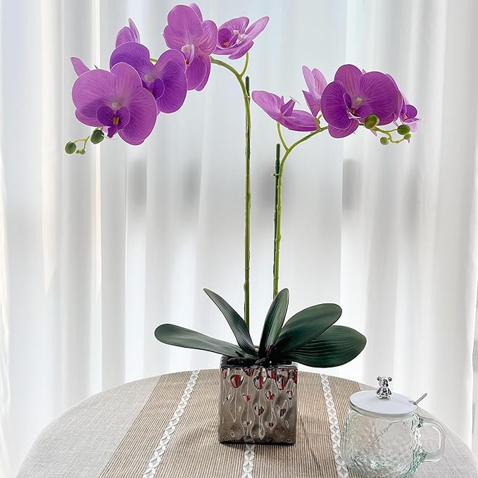 LISU Artificial Orchids, Silver Vases, Home Decoration Flower Arrangements,Purple Orchids Fake Flowers in Vases.