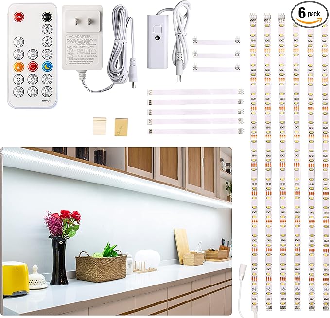 WOBANE Under Counter Light, Dimmable LED Under Cabinet Lighting, 6 PCS LED Strip Light Bars with Remote Control for Kitchen,Shelf,Pantry,Showcase,Desk,Cupboard 6000K White, Timing, 16W 1500LM,9.8 ft