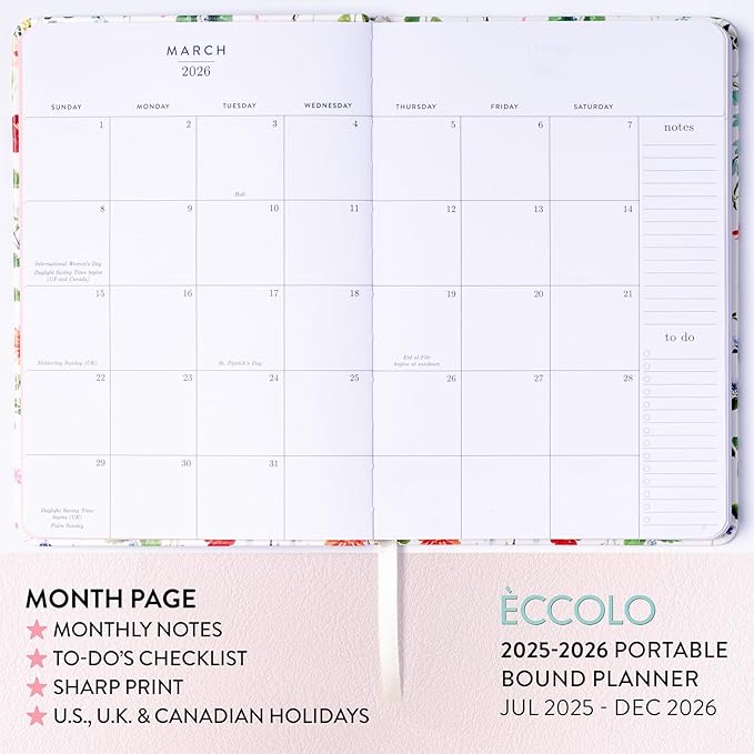 2025-2026 Eccolo 18 Month Bound Planner, Monthly & Weekly Pages (5.25 x 7.75" - July 2025 to Dec 2026 - Watercolor Flowers)