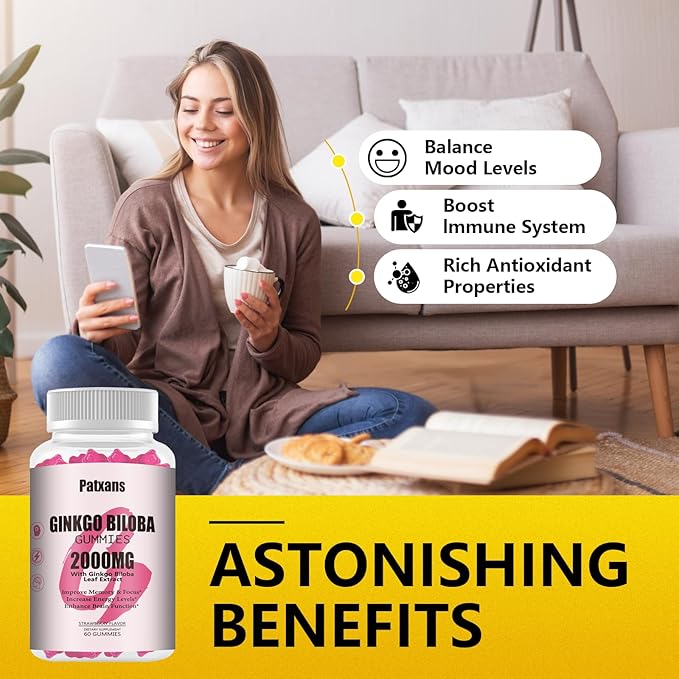 1 Pack 2000mg Ginkgo Biloba Gummies - Ginkgo Biloba Supplements for Brain Health Support, Improve Mood and Focus, Energy, Adult, Strawberry Flavor, 60 Count