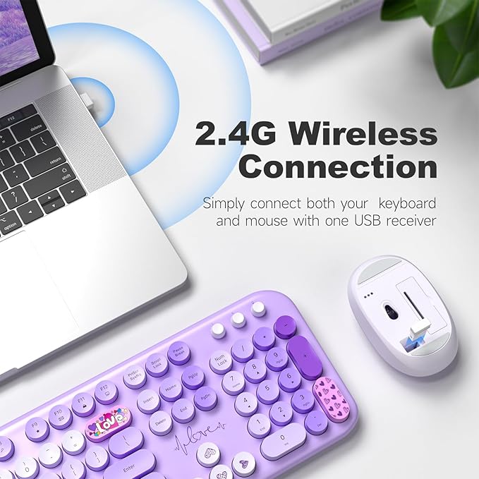Wireless Keyboard and Mouse Combo, MOWUX Full Size Typewriter Retro Round Computer Keyboard, Cute Optical Mouse Wireless, Plug and Play, for Laptop, PC, Computer- Purple Heart