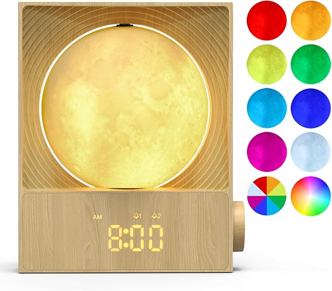 Sunrise Alarm Clock, 360-Degree Rotating Moon Lamp & 10 White Noise Sounds, Dual Alarm & Snooze for Heavy Sleeper, Timer, Wooden Bedroom Light Gift - Wood