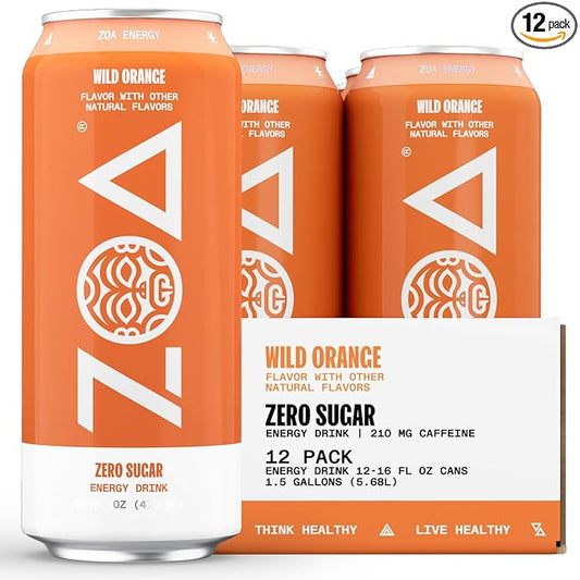 ZOA Zero Sugar Energy Drinks, Wild Orange - Sugar Free with Electrolytes, Healthy Vitamin C, Amino Acids, Essential B-Vitamins, and Caffeine from Green Tea - 16 Fl Oz (12-Pack)