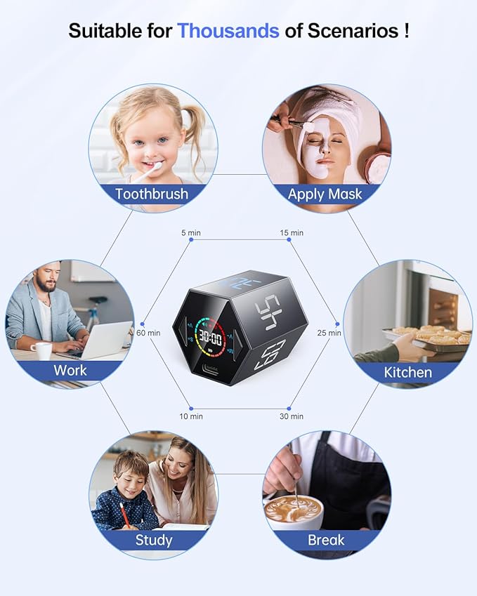 Pomodoro Timer Cube, Hexagon Productivity Timer, Pause & Resume, Silent, Vibrate & Adjustable Sound Alert, for ADHD, Task, Work, Study, 5/15/25/30/45/60min & Custom Countdown,Gray