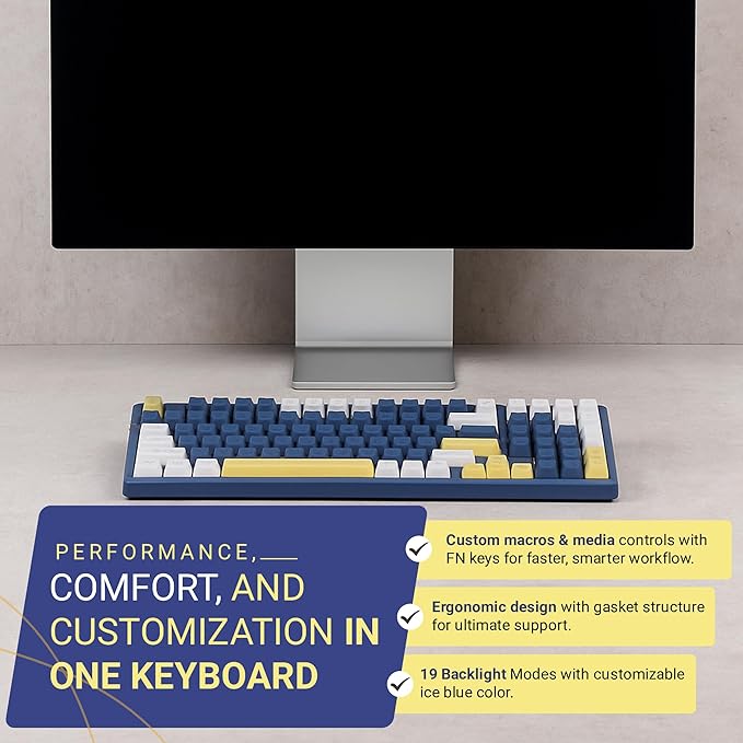 Qisan Wireless/Wired Mechanical Keyboard, Triple Mode 2.4G/USB-C/BT Wireless Gaming Keyboard, 100 Keys (98%) US Layout Brown Switch Rechargeable Ice Blue Backlit Keyboards | Blue & Yellow & White
