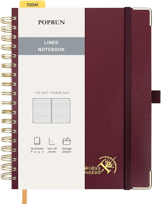POPRUN Lined Spiral Journal Notebook for Women & Men, 7-1/4" x 9-1/2", 220 Numbered Pages, College Ruled Hardcover Notebook for Work, Journals for Writing, 120 GSM Thick Paper - Burgundy