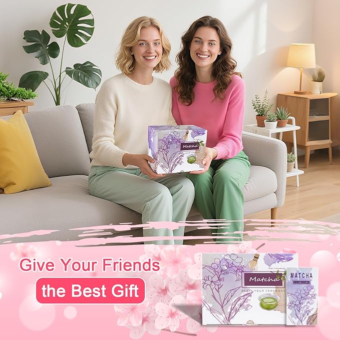 Matcha Whisk Set, Matcha Set 7 Pcs, Ceramic Matcha Bowl with Spout, Bamboo Chasen Whisk & Holder, Scoop, Sifter, Tea Towel, Ideal Gift Christmas, Birthday(Pink)