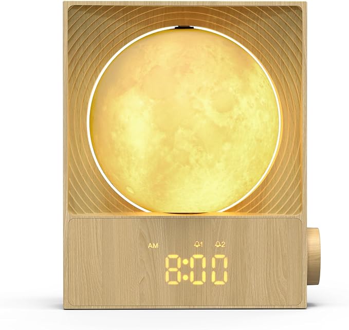 Sunrise Alarm Clock, 360-Degree Rotating Moon Lamp & 10 White Noise Sounds, Dual Alarm & Snooze for Heavy Sleeper, Timer, Wooden Bedroom Light Gift - Wood