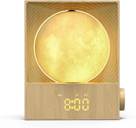 Sunrise Alarm Clock, 360-Degree Rotating Moon Lamp & 10 White Noise Sounds, Dual Alarm & Snooze for Heavy Sleeper, Timer, Wooden Bedroom Light Gift - Wood