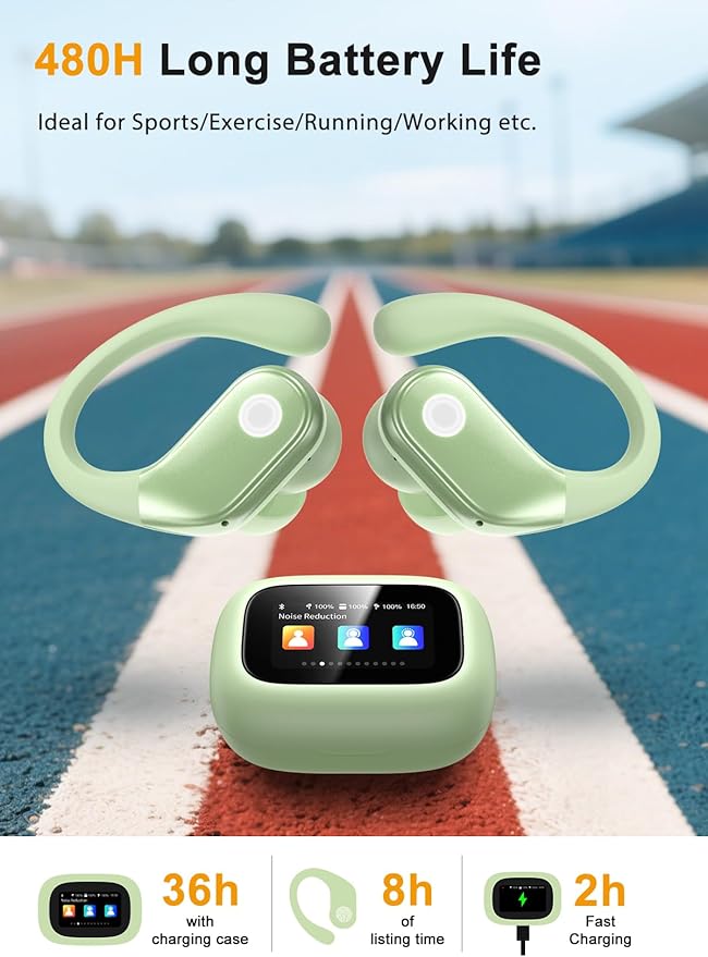 Wireless Earbuds, ENC Noise Cancelling Sport Ear Buds with Multifunctional Touch Screen, Bluetooth 5.4 Headphones, Bass Stereo Sound, 5 EQ Over-Ear Earbuds for Sports/Workout/Gym-Green