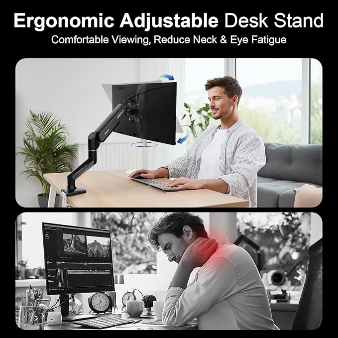 Single Monitor Mount Arm for 13-32" Up 22 lbs Screens | VESA 75x75/100x100 | Clamp/Grommet Base | Cable Management | Space Saving Desk Setup,180° Swivel, Tilt +90° to -45°, 360°Rotation