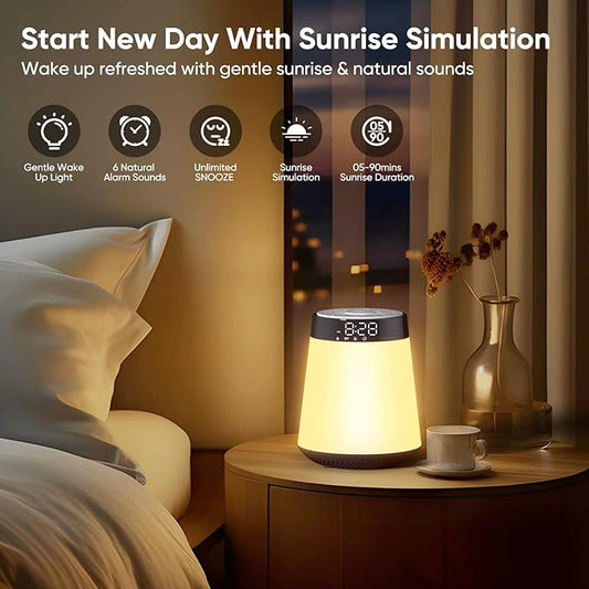 Sunrise Alarm Clock with Wake Up Light & White Noise Machine - 21 Soothing Sounds, 12 Color Dimmable Night Lights, Bluetooth Speaker, Digital Clock for Heavy Sleepers Adults/Kids