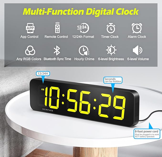 15.2" Large Digital Wall Clock, Customizable RGB Color, App and Remote Control, 6-Digit LED Clock with Seconds, Alarm, Countdown, Stopwatch, Timer Clock for Home Gym Living Room Office Garage Decor