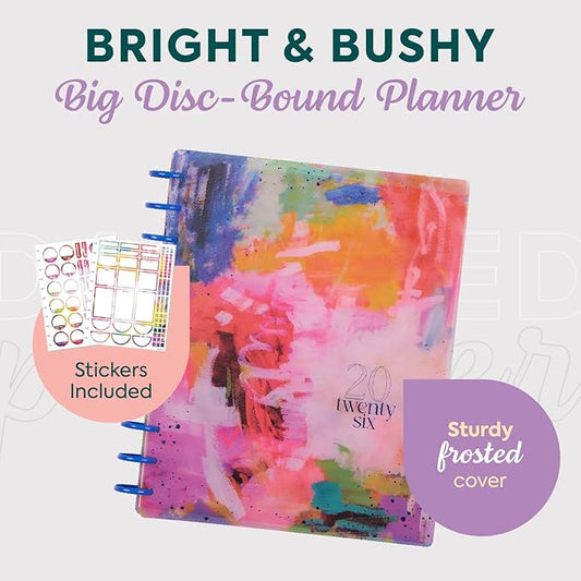 Happy Planner Disc-Bound Planner Jan.–Dec. 2026, Includes 3 Extra Months and 2 Sticker Sheets, Big Size, 8.5" x 11", Dashboard Layout, Bright & Bushy