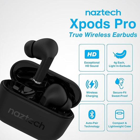 Naztech Xpods PRO Ear Buds - (Black) True Wireless Earbuds Noise Cancelling Earbuds Wireless Bluetooth Earphone for Gym Sound Cancelling in Ear Headphones Fitness Earphones Includes Charging Case