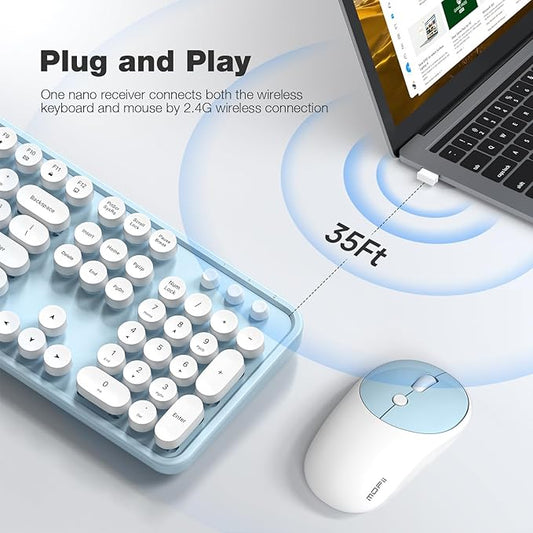 MOFII Wireless Keyboard and Mouse Combo, Computer Full Size 2.4G Plug and Play Wireless Typewriter Retro Round Keyboard and Mouse Set for Windows, Computer, Desktop, PC, Notebook - (Light Blue)