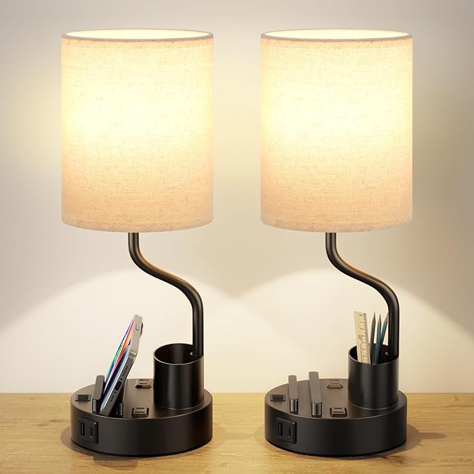 Bedside Table Lamps for Bedroom Set of 2 - Nightstand Light with AC Outlet and USB A & C for Charging, 3 Color Temperatures, Study Desk Lamp with Pen Holder & Phone Stand for Living Room/Dorm/Office