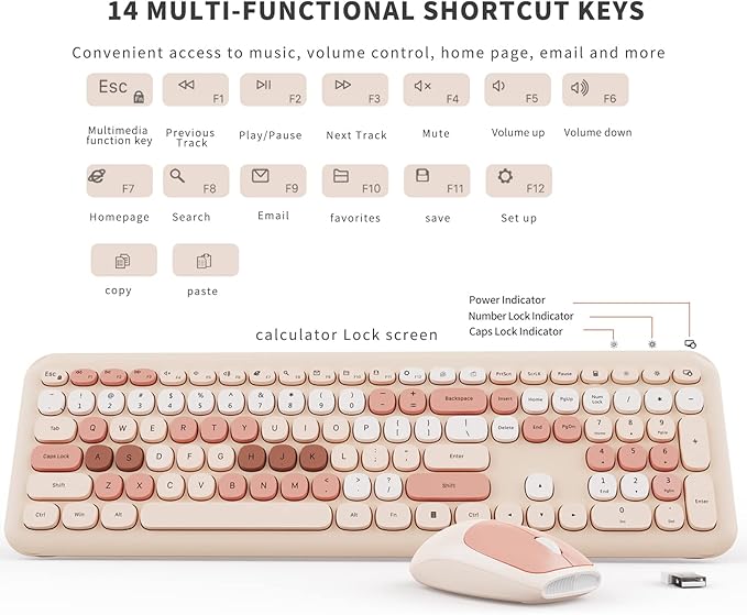 Wireless Keyboard and Mouse Combo, Colorful Ergonomic Full Size Retro Low-Noise Keyboard with Cute keycaps, Compatible with Windows, PC, Perfer for Home and Office Keyboards (Brown)
