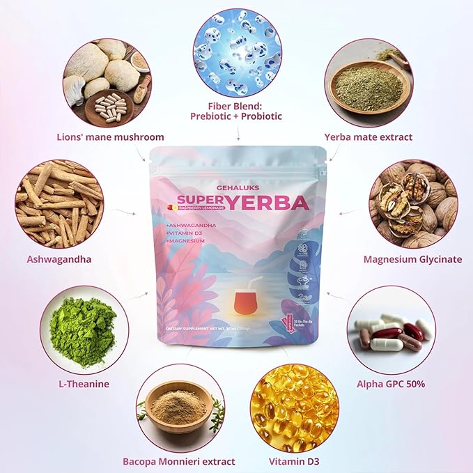 Super Yerba Instant Powder Packets | Raspberry Lemonade Flavor | 30 Servings for Sustained Energy, Mental Focus & Gut Health | Natural Mate Tea with Prebiotics & Probiotics | Non-GMO