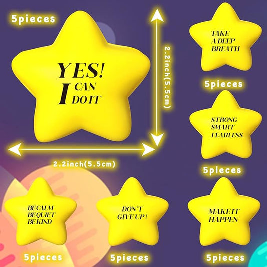Chalyna 30 Pieces Motivational Star Stress Ball Quote Relief, 2.2 Inch PU Foam Stress Toys Bulk Sensory Star Toy Gifts for Kids Teens Adults Relieve Anxiety Party Supplies(Yellow)